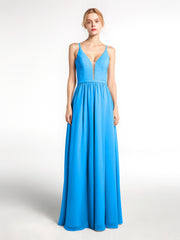 Spaghetti Strap Simple Chiffon Dress with Notch Neck Ocean Blue