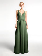 Spaghetti Strap Simple Chiffon Dress with Notch Neck Olive Green Plus Size