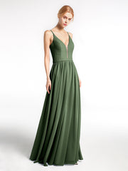 Spaghetti Strap Simple Chiffon Dress with Notch Neck Olive Green