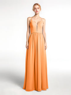 Spaghetti Strap Simple Chiffon Dress with Notch Neck Orange