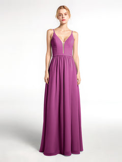 Spaghetti Strap Simple Chiffon Dress with Notch Neck Orchid