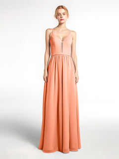 Spaghetti Strap Simple Chiffon Dress with Notch Neck Papaya