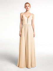 Spaghetti Strap Simple Chiffon Dress with Notch Neck Peach