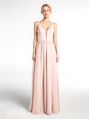 Spaghetti Strap Simple Chiffon Dress with Notch Neck Pearl Pink