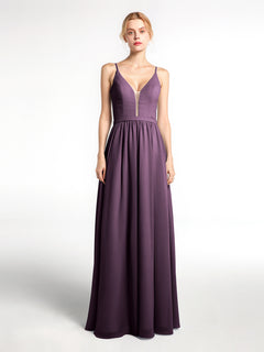 Spaghetti Strap Simple Chiffon Dress with Notch Neck Plum