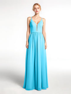 Spaghetti Strap Simple Chiffon Dress with Notch Neck Pool