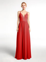 Spaghetti Strap Simple Chiffon Dress with Notch Neck Red