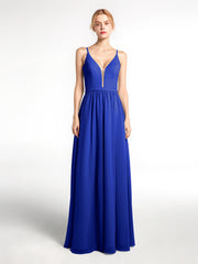 Spaghetti Strap Simple Chiffon Dress with Notch Neck Royal Blue