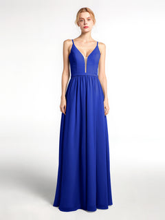 Spaghetti Strap Simple Chiffon Dress with Notch Neck Royal Blue Plus Size