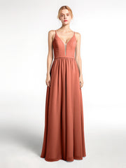 Spaghetti Strap Simple Chiffon Dress with Notch Neck Rust