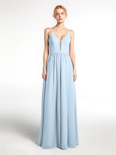 Spaghetti Strap Simple Chiffon Dress with Notch Neck Sky Blue