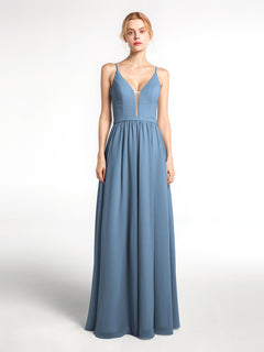 Spaghetti Strap Simple Chiffon Dress with Notch Neck Slate Blue