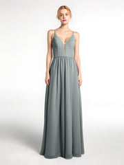 Spaghetti Strap Simple Chiffon Dress with Notch Neck Steel Grey