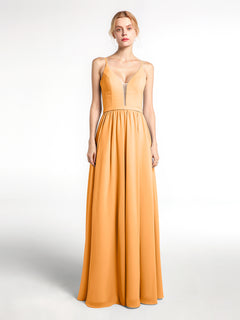 Spaghetti Strap Simple Chiffon Dress with Notch Neck Tangerine