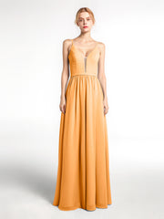 Spaghetti Strap Simple Chiffon Dress with Notch Neck Tangerine