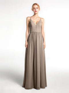 Spaghetti Strap Simple Chiffon Dress with Notch Neck Taupe