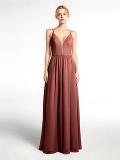 Spaghetti Strap Simple Chiffon Dress with Notch Neck Terracotta