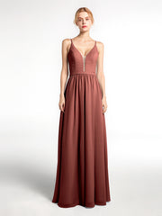 Spaghetti Strap Simple Chiffon Dress with Notch Neck Terracotta Plus Size