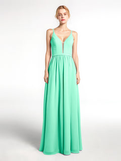 Spaghetti Strap Simple Chiffon Dress with Notch Neck Turquoise