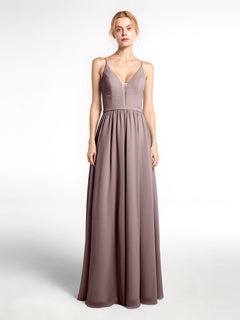 Spaghetti Strap Simple Chiffon Dress with Notch Neck Vintage Mauve