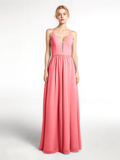 Spaghetti Strap Simple Chiffon Dress with Notch Neck Watermelon