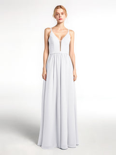 Spaghetti Strap Simple Chiffon Dress with Notch Neck White