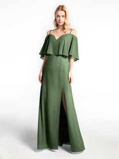 Ruffled Cold Shoulder Maxi Dress with Flounce Overlay Olive Green