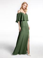 Ruffled Cold Shoulder Maxi Dress with Flounce Overlay Olive Green