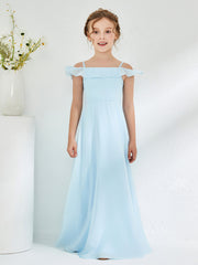 bridesmaid and junior bridesmaid dresses BABARONI BABARONI Chiffon Sky Blue Junior Bridesmaid Dresses A-line Off-the-shoulder Sleeveless Sash Floor-length, Sky Blue / J4
