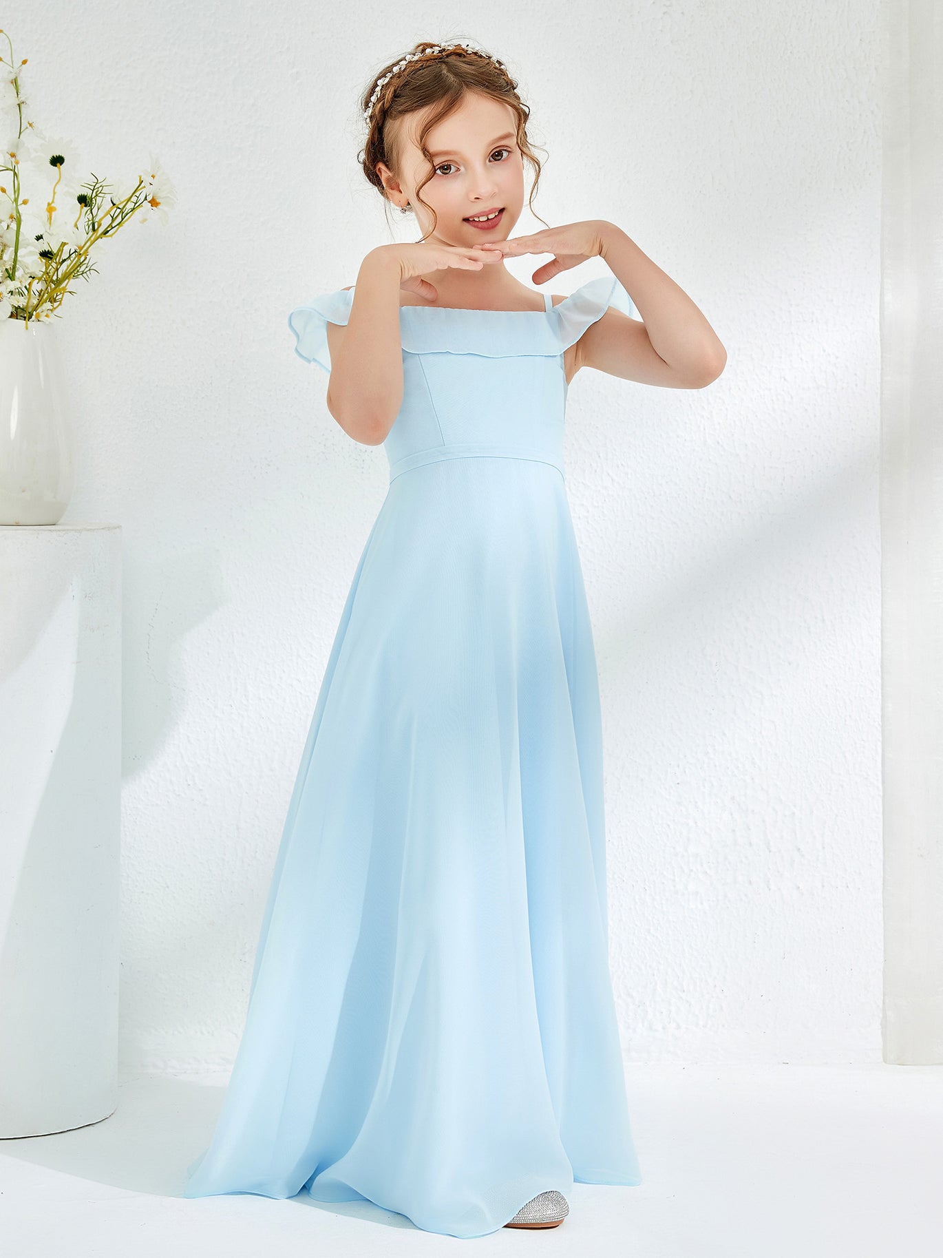 BABARONI Off-the-shoulder Chiffon A-line Junior Bridesmaid Dresses Sky Blue, Sky Blue / J4