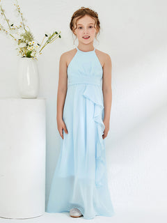 Halter Neckline Junior Bridesmaid Dresses with Sash Sky Blue