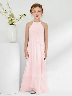 Halter Neckline Junior Bridesmaid Dresses with Sash Blushing Pink