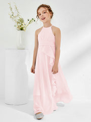 Halter Neckline Junior Bridesmaid Dresses with Sash Blushing Pink