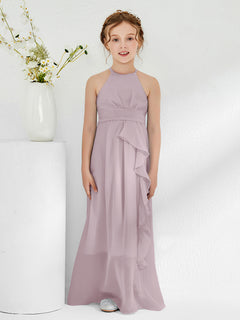 Halter Neckline Junior Bridesmaid Dresses with Sash Dusk