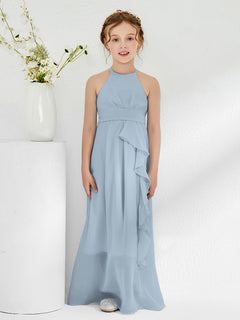 Halter Neckline Junior Bridesmaid Dresses with Sash Dusty Blue