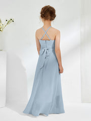 Halter Neckline Junior Bridesmaid Dresses with Sash Dusty Blue