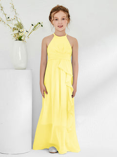 Halter Neckline Junior Bridesmaid Dresses with Sash Lemon