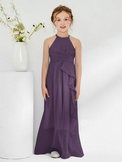 Halter Neckline Junior Bridesmaid Dresses with Sash Plum