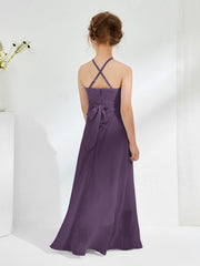 Halter Neckline Junior Bridesmaid Dresses with Sash Plum