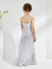 Halter Neckline Junior Bridesmaid Dresses with Sash Silver