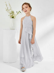 Halter Neckline Junior Bridesmaid Dresses with Sash Silver