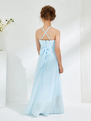 Halter Neckline Junior Bridesmaid Dresses with Sash Sky Blue