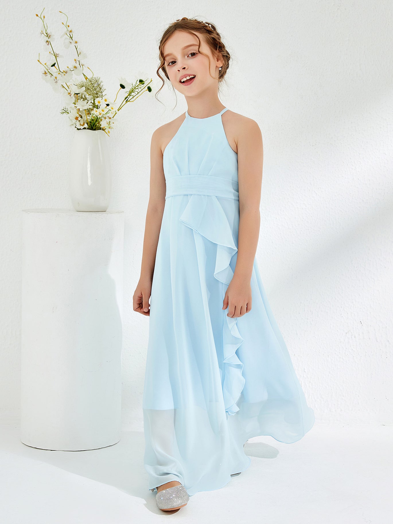 ice blue junior bridesmaid dresses BABARONI Halter Neckline Junior Bridesmaid Dresses with Sash Mist, Mist / J4