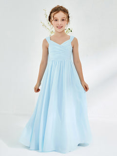 V-neck Pleated A-line Junior Bridesmaid Gowns Sky Blue