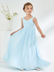 V-neck Pleated A-line Junior Bridesmaid Gowns Sky Blue