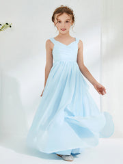 V-neck Pleated A-line Junior Bridesmaid Gowns Sky Blue