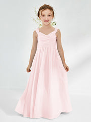V-neck Pleated A-line Junior Bridesmaid Gowns Blushing Pink