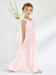 V-neck Pleated A-line Junior Bridesmaid Gowns Blushing Pink