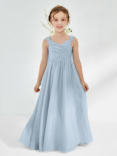 V-neck Pleated A-line Junior Bridesmaid Gowns Dusty Blue