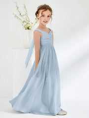 V-neck Pleated A-line Junior Bridesmaid Gowns Dusty Blue